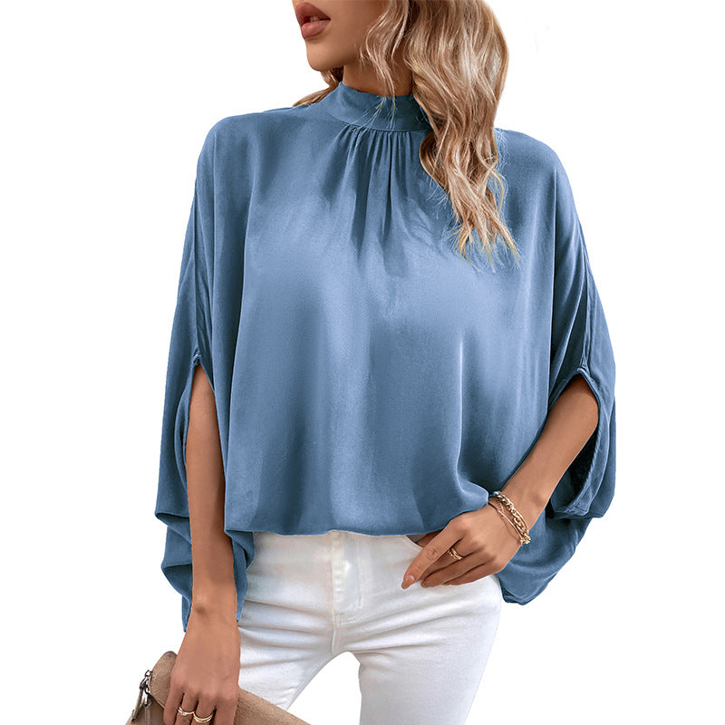 Solid Loose Blouse with Batwing Sleeves and Gathered Mock Neck