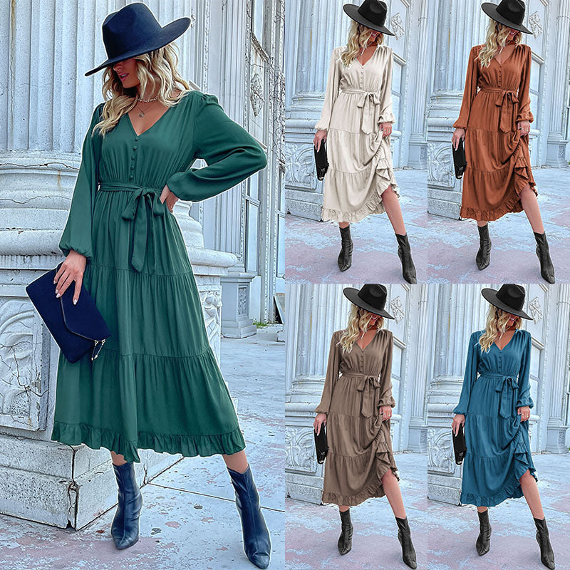 Solid Color Tiered Midi Dress with V-Neck and Tie Waist