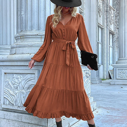 Solid Color Tiered Midi Dress with V-Neck and Tie Waist
