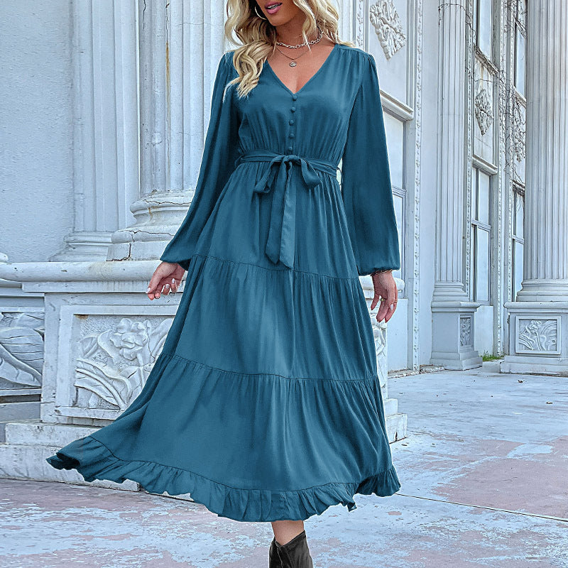 Solid Color Tiered Midi Dress with V-Neck and Tie Waist