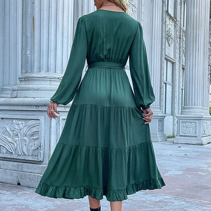 Solid Color Tiered Midi Dress with V-Neck and Tie Waist