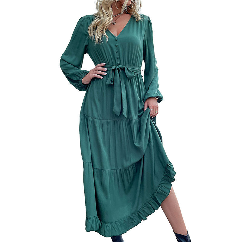 Solid Color Tiered Midi Dress with V-Neck and Tie Waist
