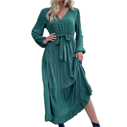 Solid Color Tiered Midi Dress with V-Neck and Tie Waist