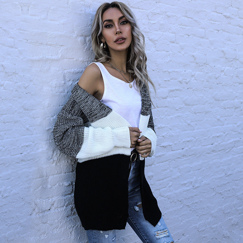 Color-Blocked Knit Cardigan with Open Front and Long Sleeves