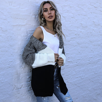 Color-Blocked Knit Cardigan with Open Front and Long Sleeves