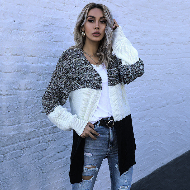 Color-Blocked Knit Cardigan with Open Front and Long Sleeves