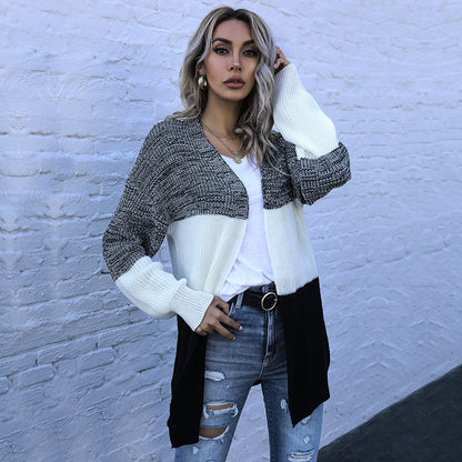 Color-Blocked Knit Cardigan with Open Front and Long Sleeves