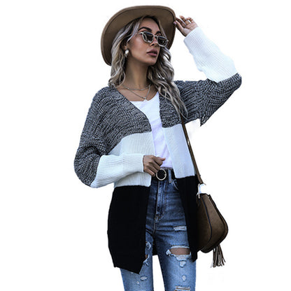 Color-Blocked Knit Cardigan with Open Front and Long Sleeves