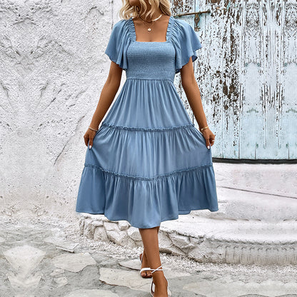 A-Line Midi Dress with Smocked Off-Shoulder and Tiered Skirt