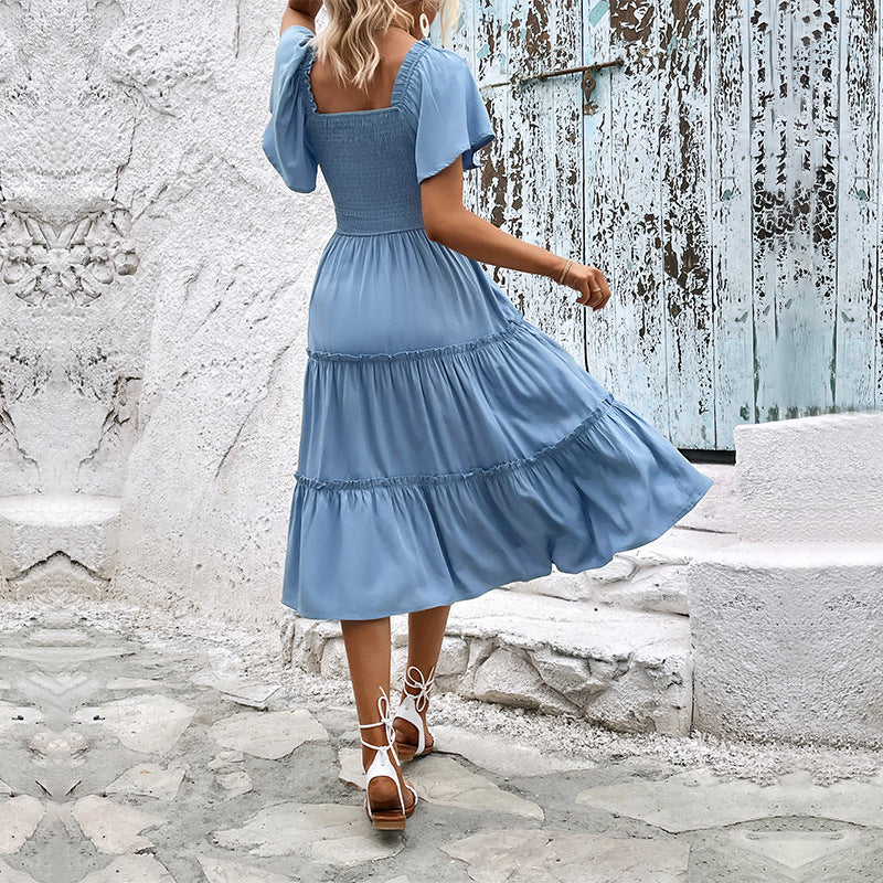 A-Line Midi Dress with Smocked Off-Shoulder and Tiered Skirt