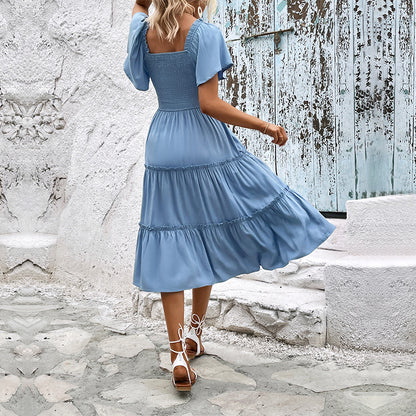 A-Line Midi Dress with Smocked Off-Shoulder and Tiered Skirt