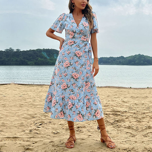 Floral A-Line Midi Dress with V-Neck and Flutter Sleeves