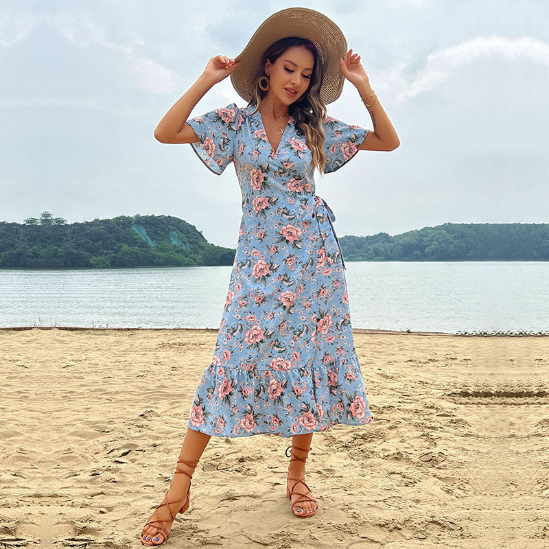 Floral A-Line Midi Dress with V-Neck and Flutter Sleeves