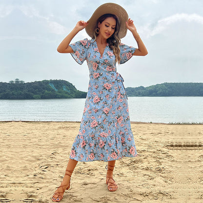 Floral A-Line Midi Dress with V-Neck and Flutter Sleeves