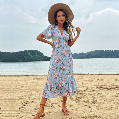 Floral A-Line Midi Dress with V-Neck and Flutter Sleeves