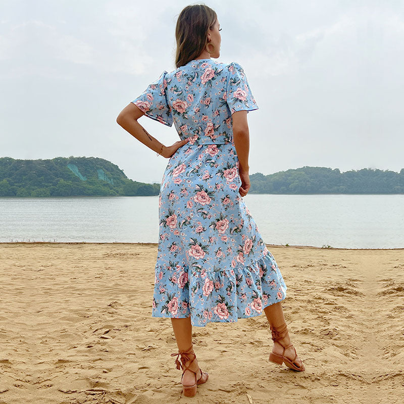 Floral A-Line Midi Dress with V-Neck and Flutter Sleeves
