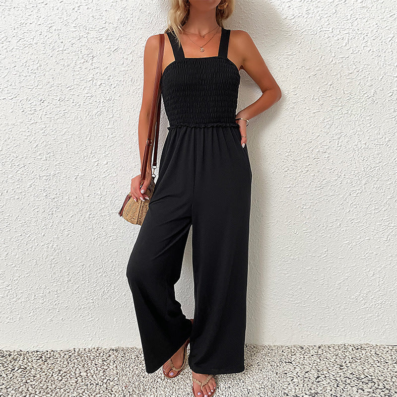 Wide-Leg Jumpsuit with Smocked Bodice and High Waist