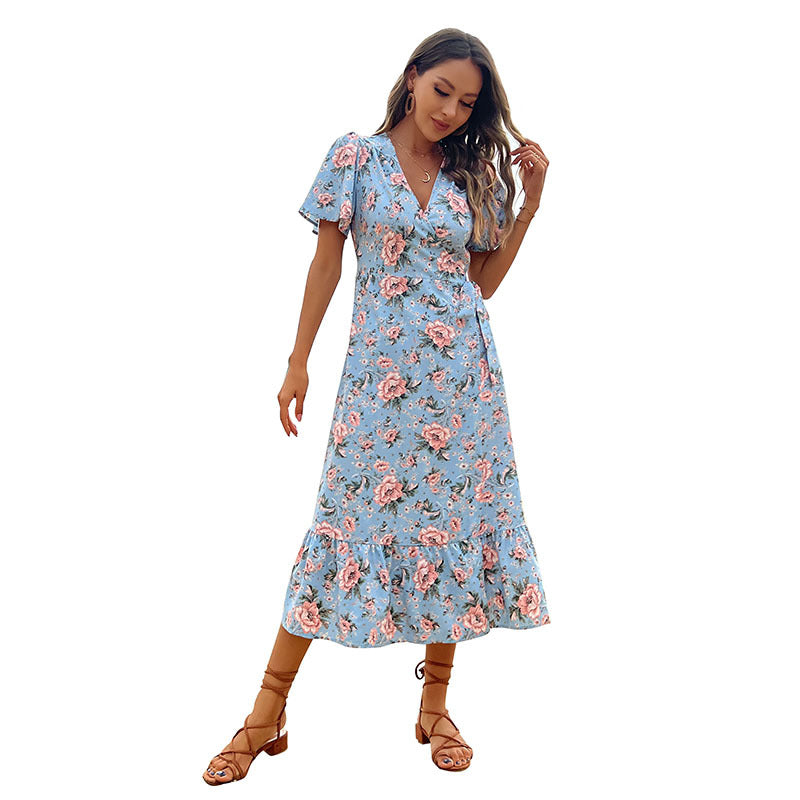 Floral A-Line Midi Dress with V-Neck and Flutter Sleeves