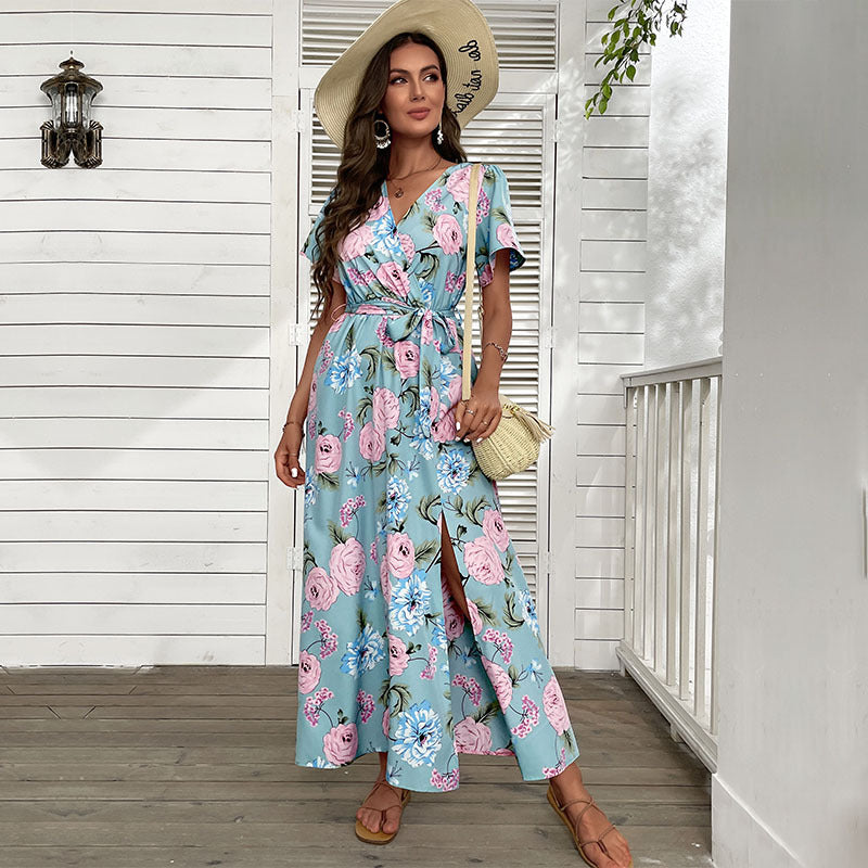 Floral Print A-Line Maxi Dress with V-Neck and Split Hem