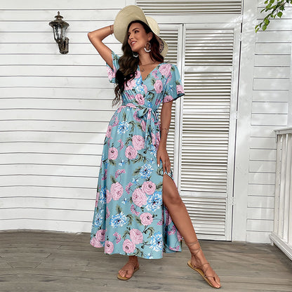 Floral Print A-Line Maxi Dress with V-Neck and Split Hem