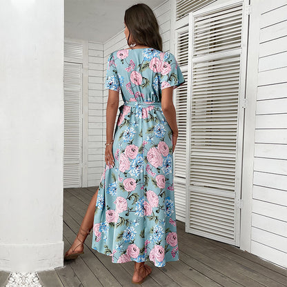 Floral Print A-Line Maxi Dress with V-Neck and Split Hem