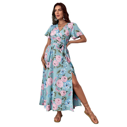 Floral Print A-Line Maxi Dress with V-Neck and Split Hem