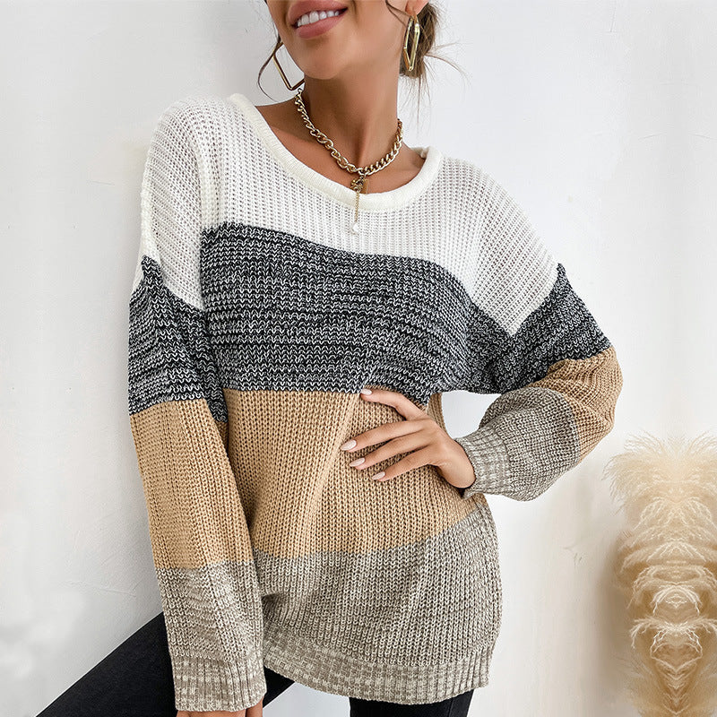 Color-Blocked Loose Knit Sweater with Crewneck