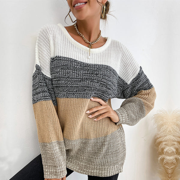 Color-Blocked Loose Knit Sweater with Crewneck