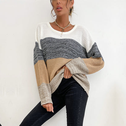Color-Blocked Loose Knit Sweater with Crewneck