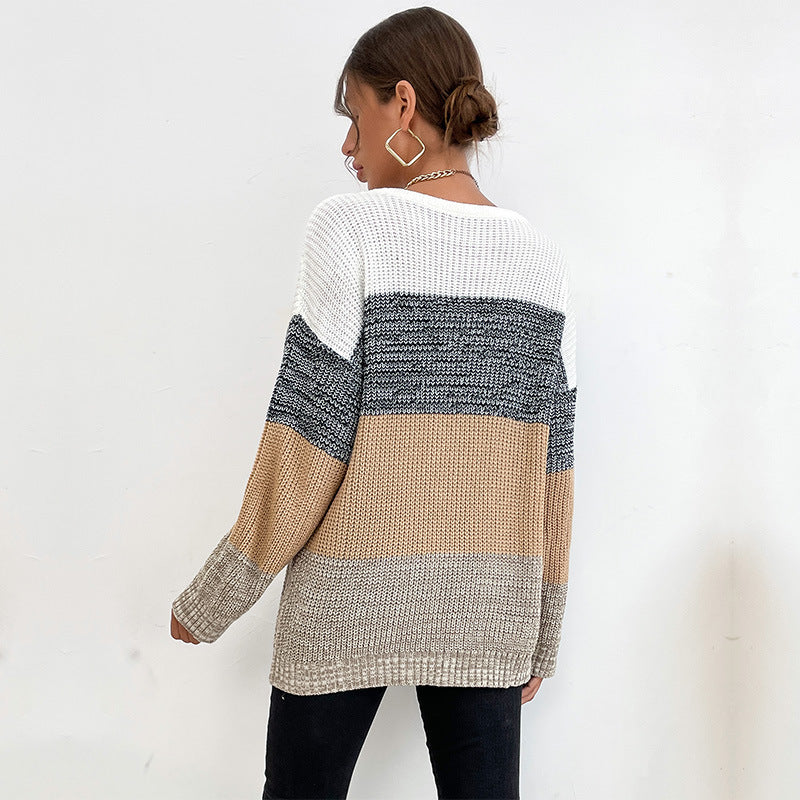 Color-Blocked Loose Knit Sweater with Crewneck