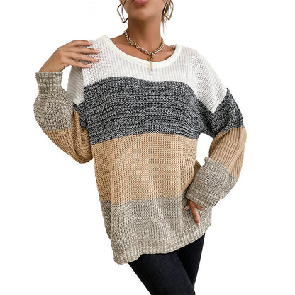 Color-Blocked Loose Knit Sweater with Crewneck