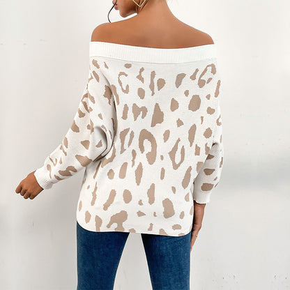 Leopard Print Off-Shoulder Knit Sweater with Long Sleeves