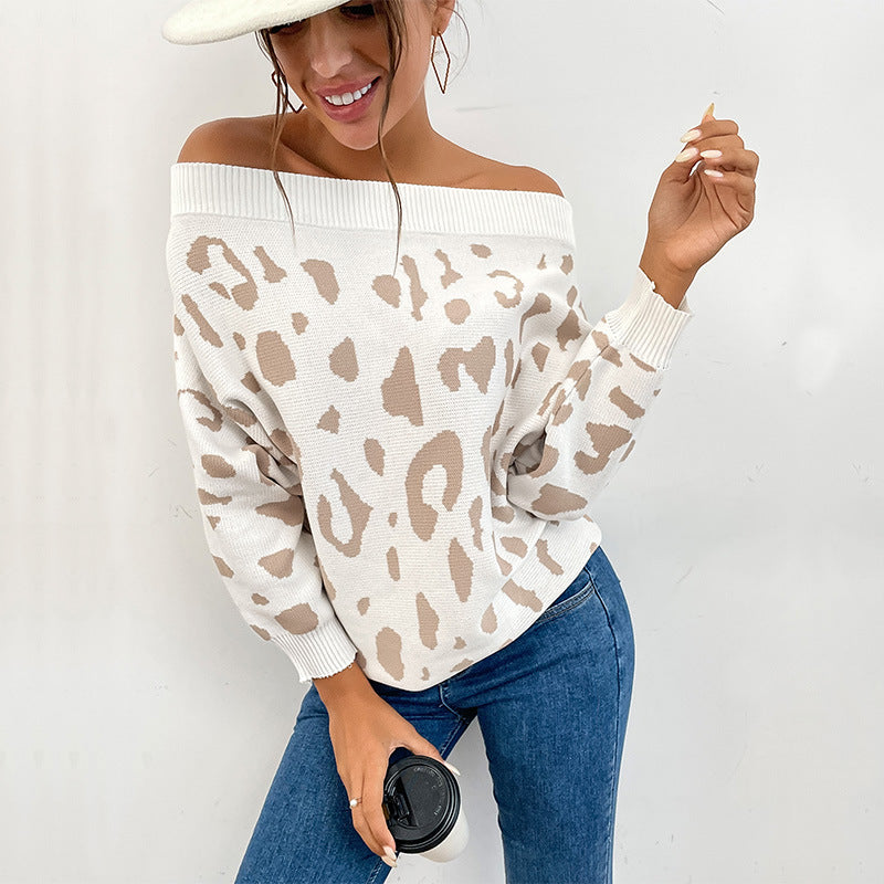 Leopard Print Off-Shoulder Knit Sweater with Long Sleeves