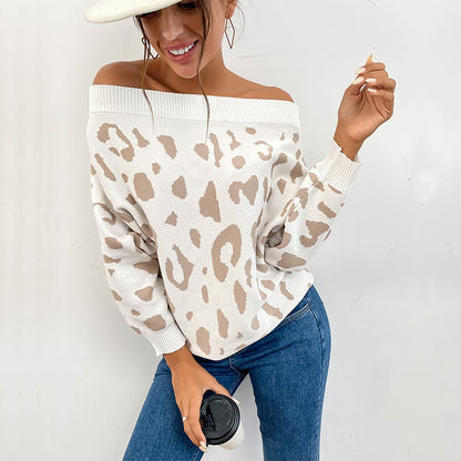 Leopard Print Off-Shoulder Knit Sweater with Long Sleeves