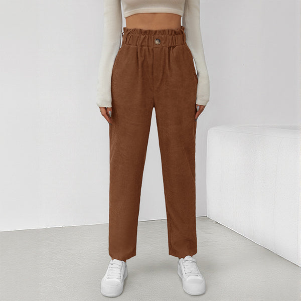 Straight-Leg Corduroy Pants with Paperbag Waist