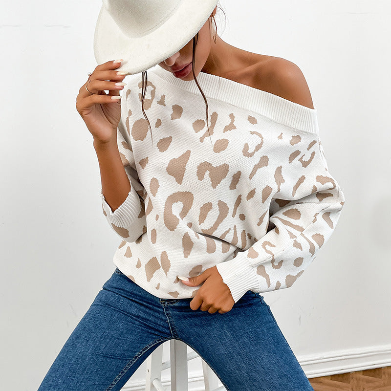Leopard Print Off-Shoulder Knit Sweater with Long Sleeves