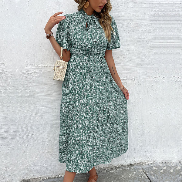 Ditsy Print Tiered Midi Dress with Tie-Neck and Flutter Sleeves