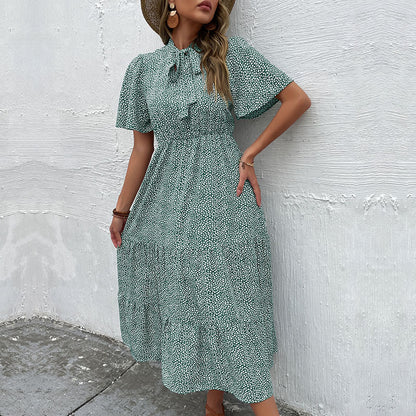 Ditsy Print Tiered Midi Dress with Tie-Neck and Flutter Sleeves