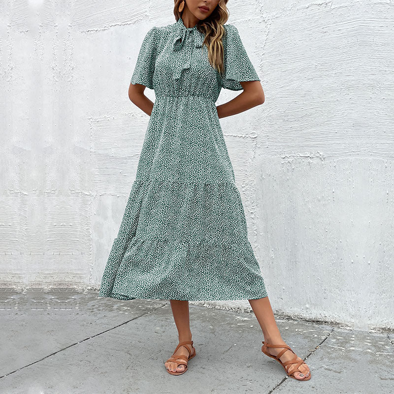 Ditsy Print Tiered Midi Dress with Tie-Neck and Flutter Sleeves