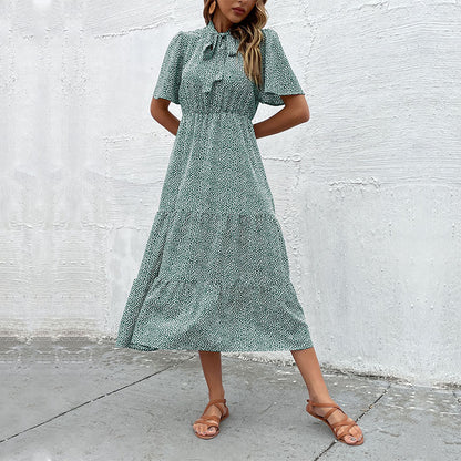Ditsy Print Tiered Midi Dress with Tie-Neck and Flutter Sleeves