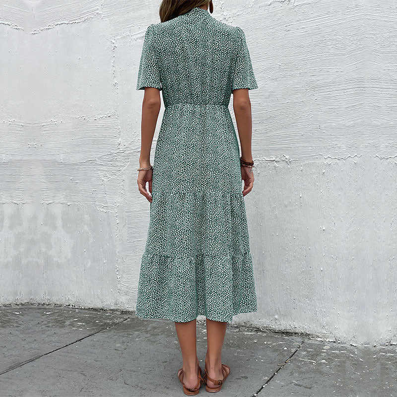 Ditsy Print Tiered Midi Dress with Tie-Neck and Flutter Sleeves