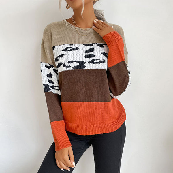 Color-Blocked Leopard Print Sweater with Crewneck