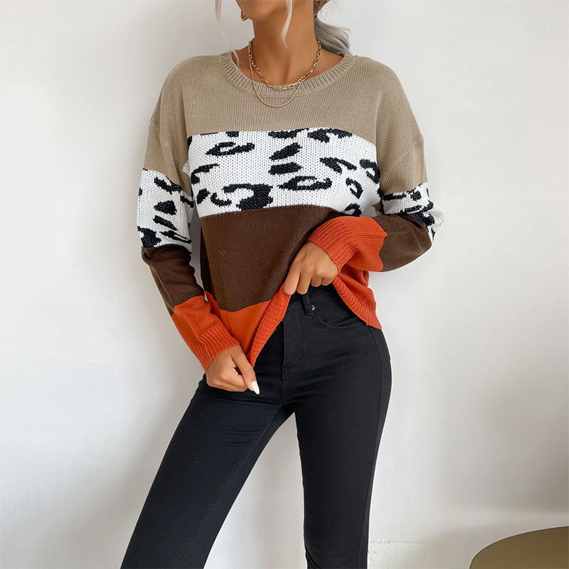 Color-Blocked Leopard Print Sweater with Crewneck
