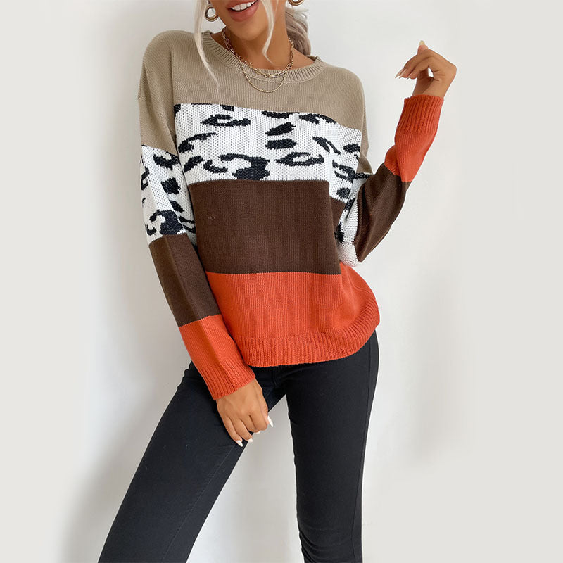 Color-Blocked Leopard Print Sweater with Crewneck