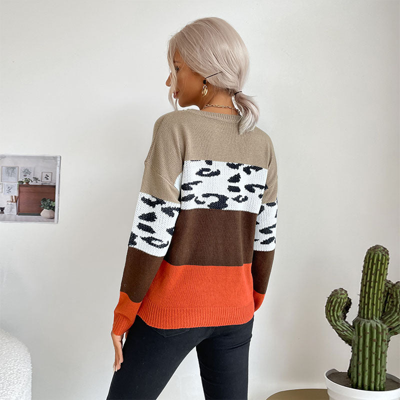 Color-Blocked Leopard Print Sweater with Crewneck