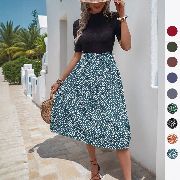 A-Line Midi Skirt with Abstract Print and Tie-Up Waist
