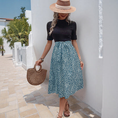 A-Line Midi Skirt with Abstract Print and Tie-Up Waist
