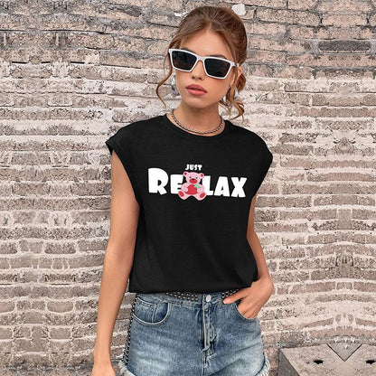 Graphic Print T-Shirt with Cap Sleeves and Crewneck