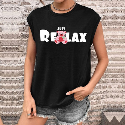 Graphic Print T-Shirt with Cap Sleeves and Crewneck