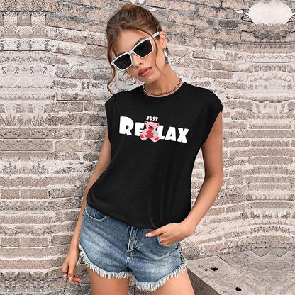 Graphic Print T-Shirt with Cap Sleeves and Crewneck